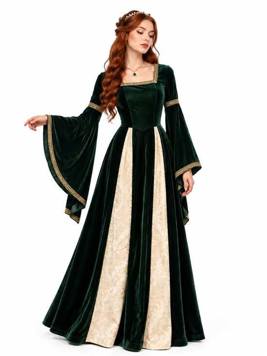 Dresses & Skirts - Vintage Green Velvet Renaissance Medieval Bell Sleeve Maxi Dress